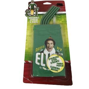 5 for $25| ELF Christmas Reusable Green Stainless Steel Straws w Pouch Brush